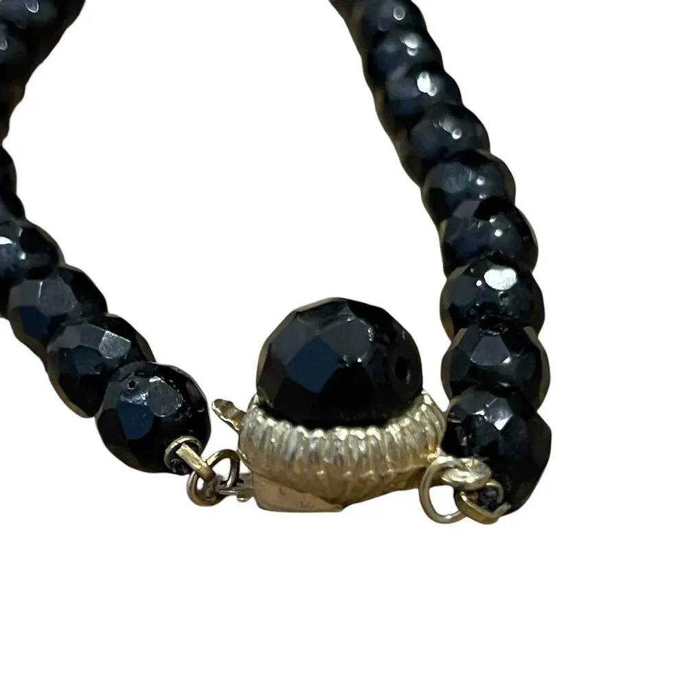 Vintage Glass Necklace Faceted Black Beads 7.5mm Unique Detailed Box Clasp 22”